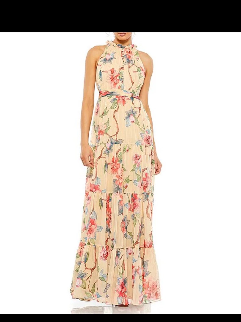 Sleeveless Floral Halter Maxi Dress in Cream